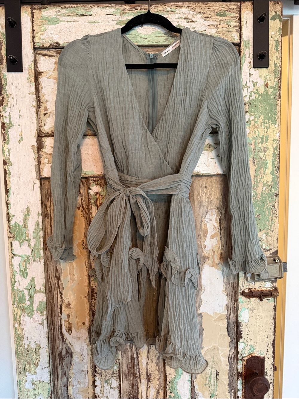 Women's Mini Wrap Dress with Ruffle Trim - Sage Green